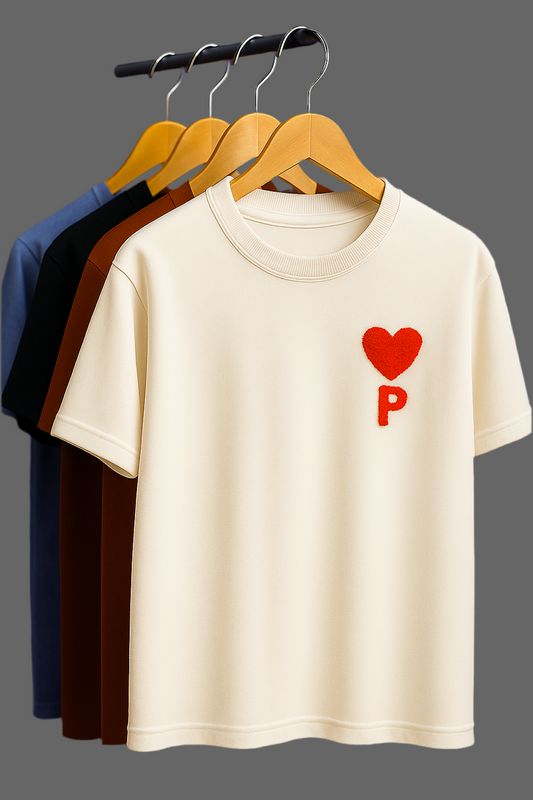 Mens T shirt with premium cotton , P alphabet with love symbol embroidery , regular fit