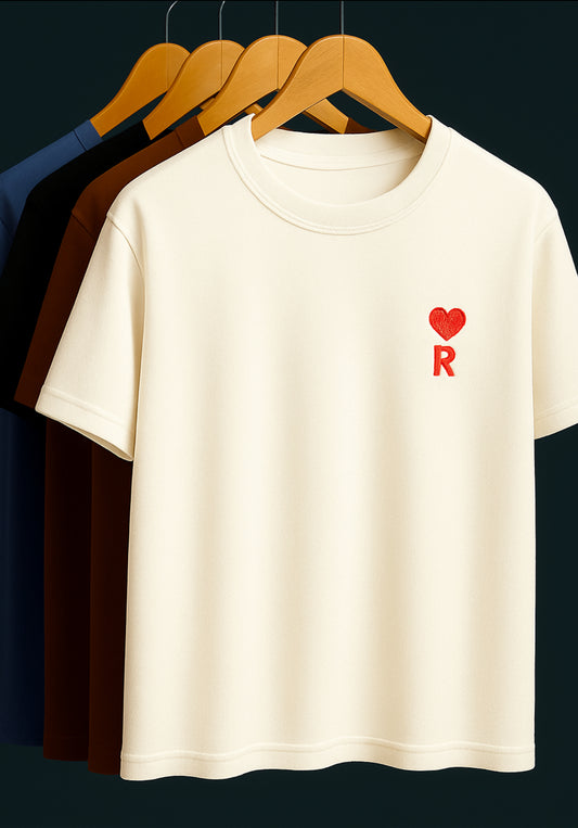 Mens T shirt with premium cotton , R alphabet with love symbol embroidery , regular fit