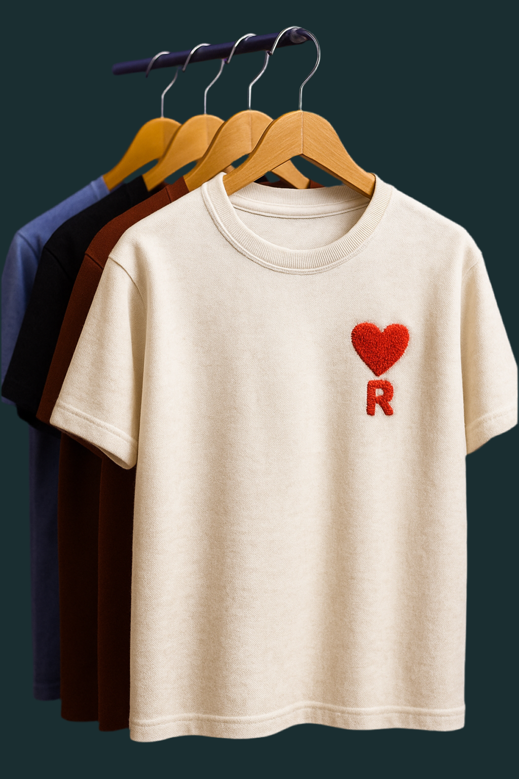 Mens T shirt with premium cotton , R alphabet with love symbol embroidery , regular fit